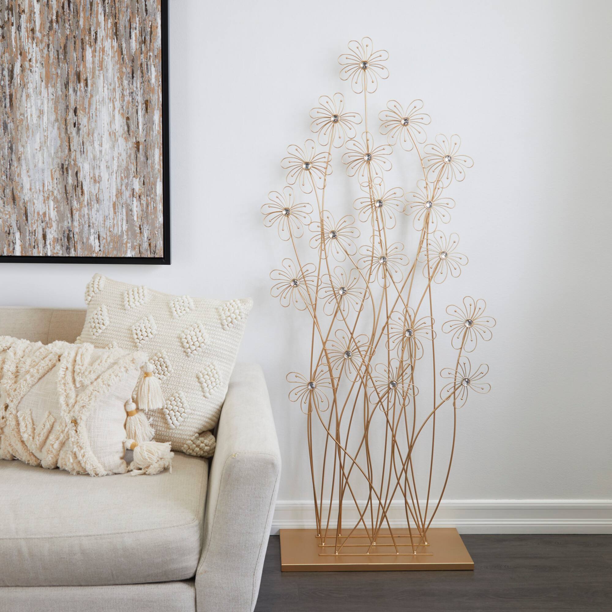 5ft. Gold Metal Tall Floral Sculpture with Crystal Embellishments